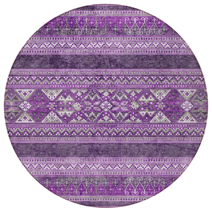 8' Purple Eggplant And Gray Round Southwestern Washable Indoor Outdoor Area Rug