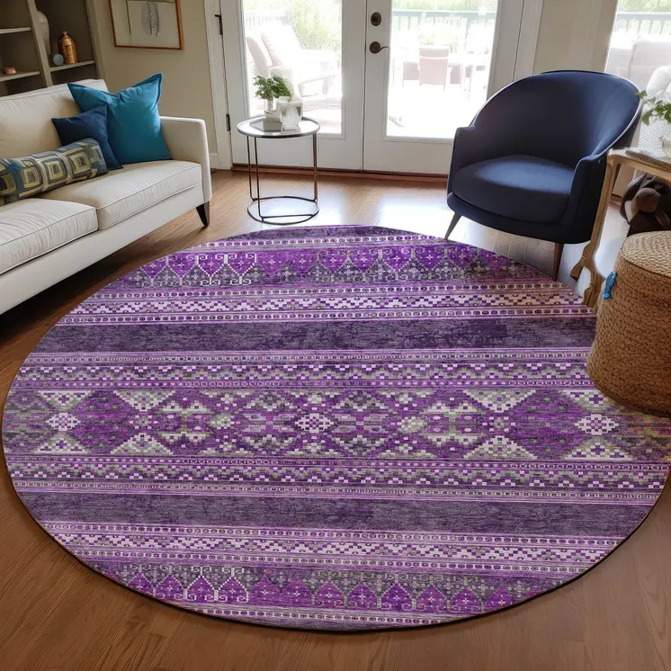 8' Purple Eggplant And Gray Round Southwestern Washable Indoor Outdoor Area Rug