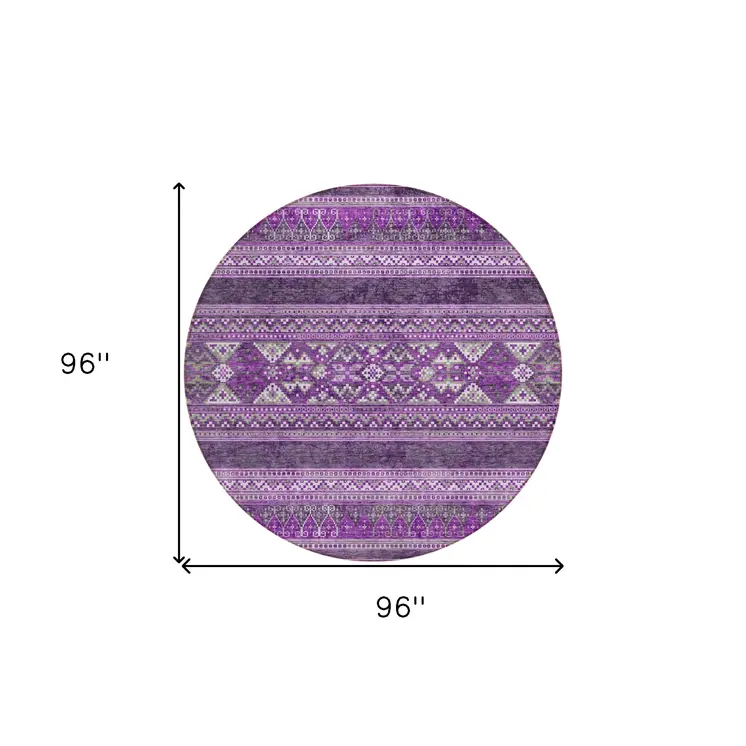 8' Purple Eggplant And Gray Round Southwestern Washable Indoor Outdoor Area Rug