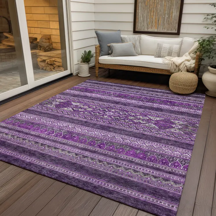 8' X 10' Purple Eggplant And Gray Southwestern Washable Indoor Outdoor Area Rug
