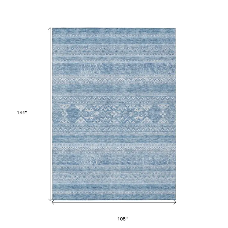 9' X 12' Sky Blue And Ivory Southwestern Washable Indoor Outdoor Area Rug