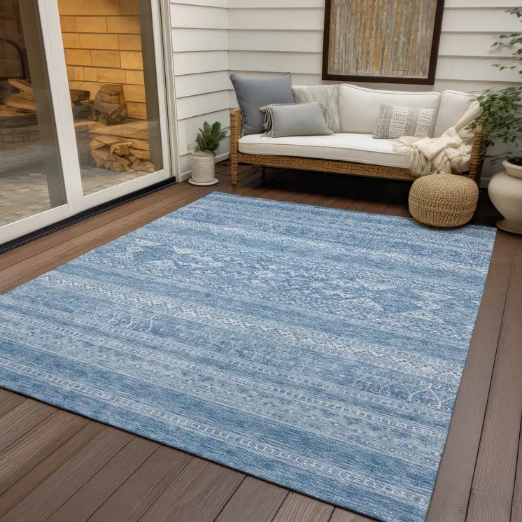 9' X 12' Sky Blue And Ivory Southwestern Washable Indoor Outdoor Area Rug