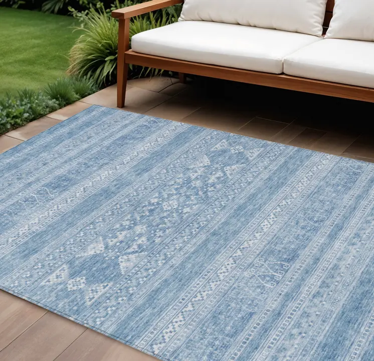 10' X 14' Sky Blue And Ivory Southwestern Washable Indoor Outdoor Area Rug