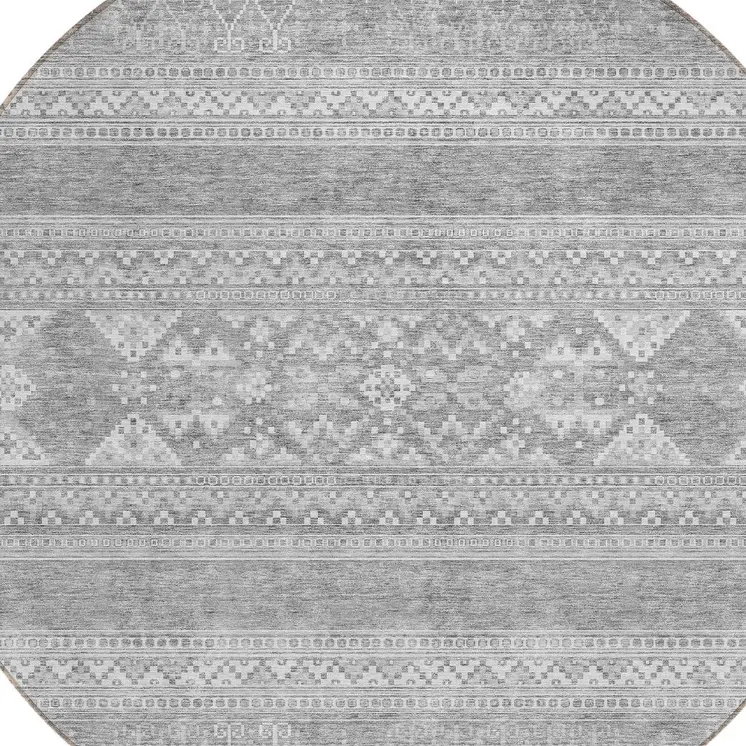 8' Silver Gray And Ivory Round Southwestern Washable Indoor Outdoor Area Rug