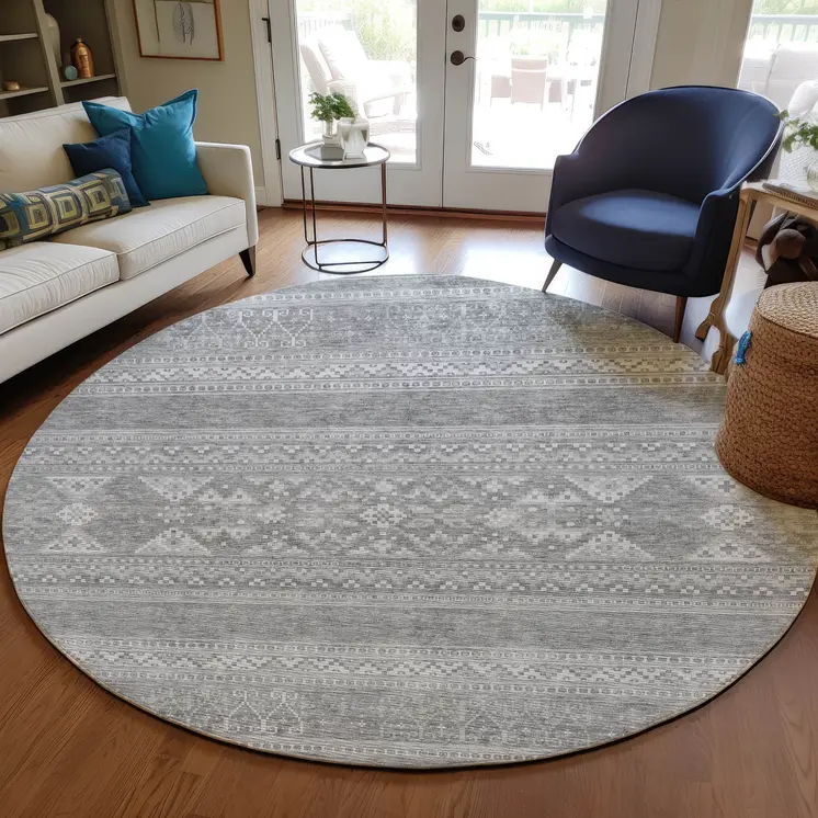 8' Silver Gray And Ivory Round Southwestern Washable Indoor Outdoor Area Rug