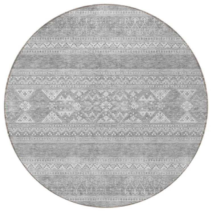 8' Silver Gray And Ivory Round Southwestern Washable Indoor Outdoor Area Rug