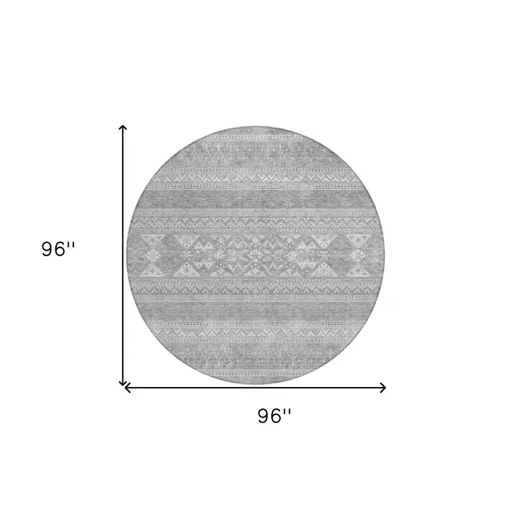 8' Silver Gray And Ivory Round Southwestern Washable Indoor Outdoor Area Rug