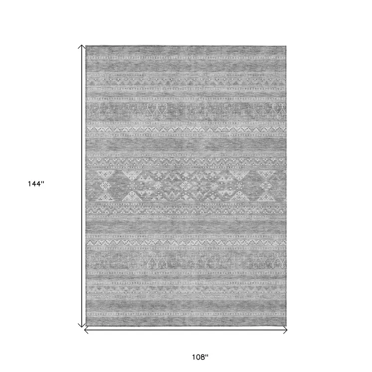 9' X 12' Silver Gray And Ivory Southwestern Washable Indoor Outdoor Area Rug