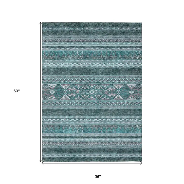 3' X 5' Teal Blue Ivory And Gray Southwestern Washable Indoor Outdoor Area Rug