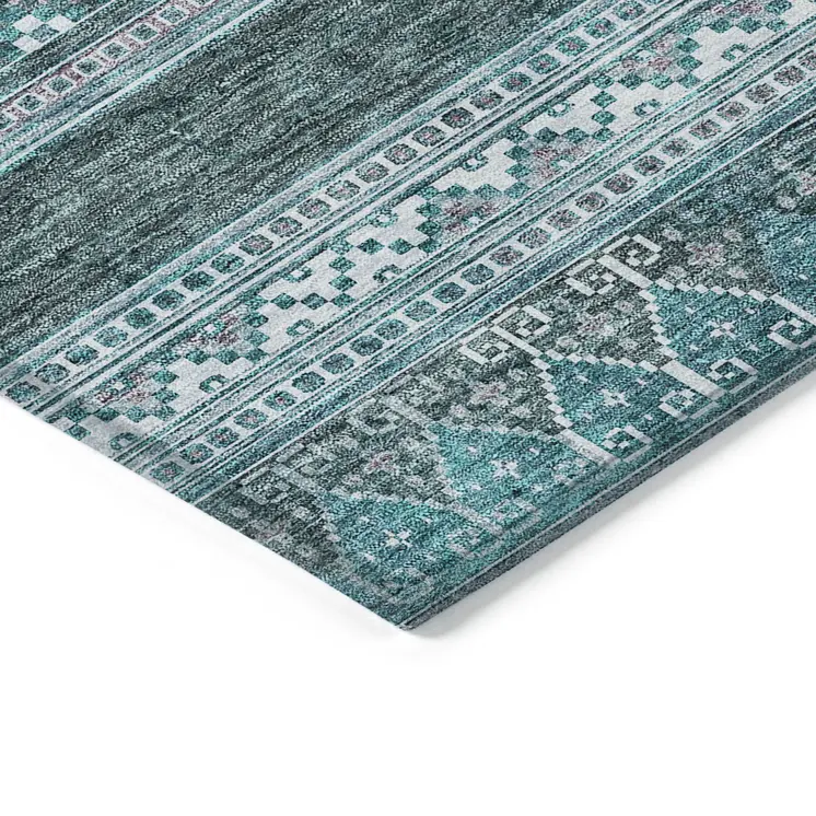 3' X 5' Teal Blue Ivory And Gray Southwestern Washable Indoor Outdoor Area Rug