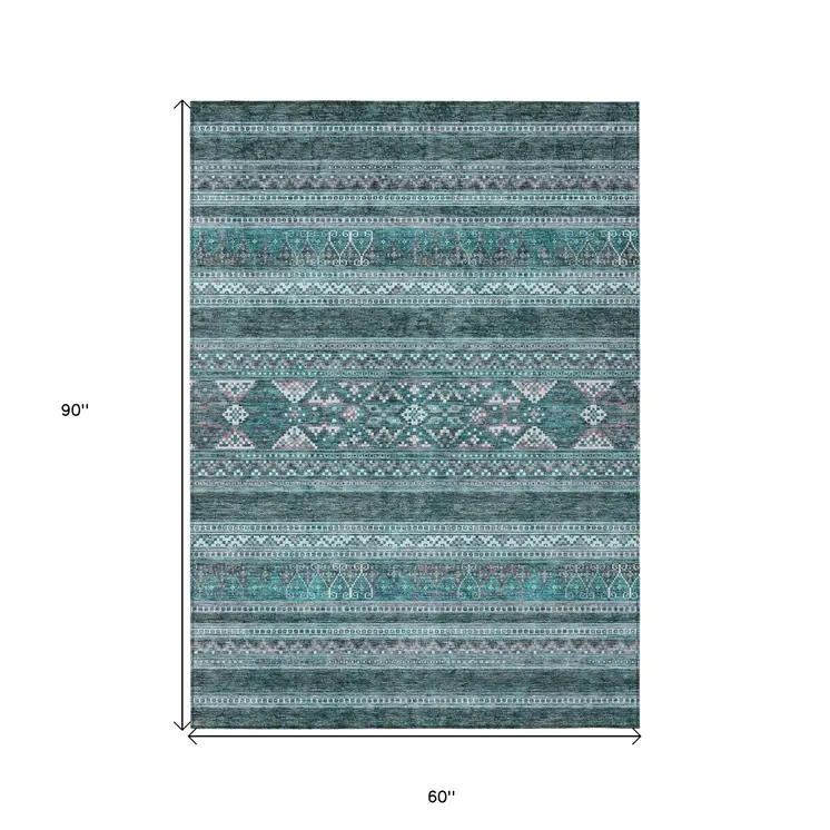 5' X 8' Teal Blue Ivory And Gray Southwestern Washable Indoor Outdoor Area Rug