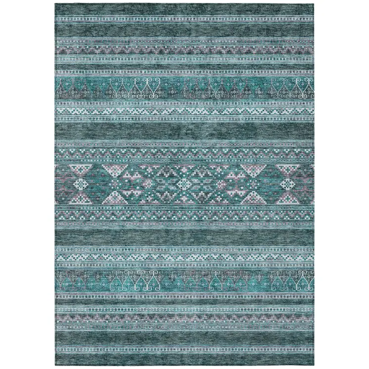 5' X 8' Teal Blue Ivory And Gray Southwestern Washable Indoor Outdoor Area Rug