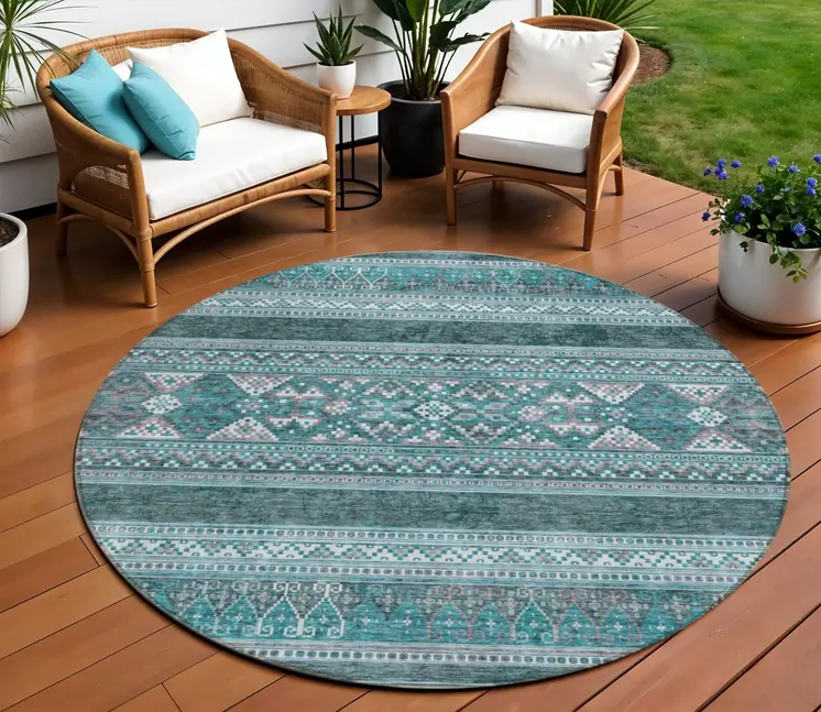 8' Teal Blue Ivory And Gray Round Southwestern Washable Indoor Outdoor Area Rug