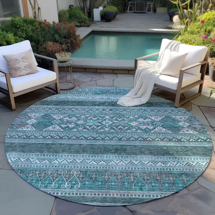 8' Teal Blue Ivory And Gray Round Southwestern Washable Indoor Outdoor Area Rug