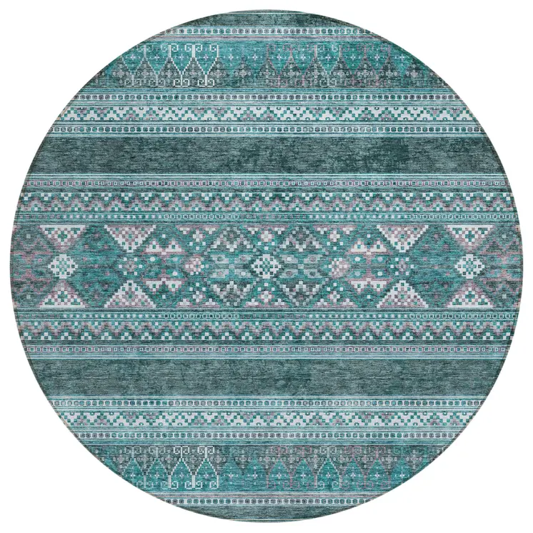 8' Teal Blue Ivory And Gray Round Southwestern Washable Indoor Outdoor Area Rug