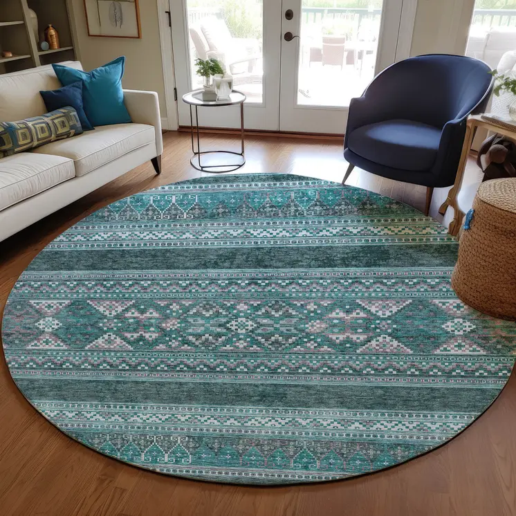 8' Teal Blue Ivory And Gray Round Southwestern Washable Indoor Outdoor Area Rug