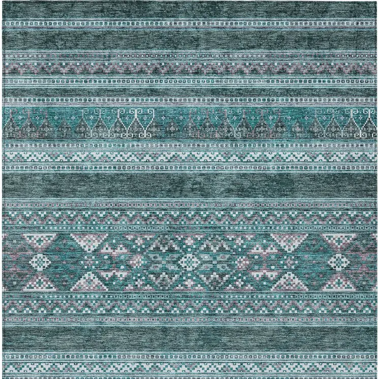 8' X 10' Teal Blue Ivory And Gray Southwestern Washable Indoor Outdoor Area Rug