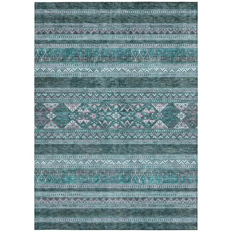 9' X 12' Teal Blue Ivory And Gray Southwestern Washable Indoor Outdoor Area Rug