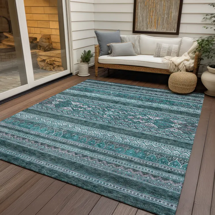 9' X 12' Teal Blue Ivory And Gray Southwestern Washable Indoor Outdoor Area Rug