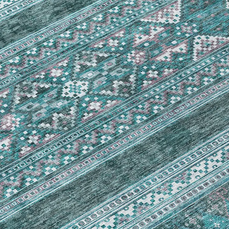 9' X 12' Teal Blue Ivory And Gray Southwestern Washable Indoor Outdoor Area Rug