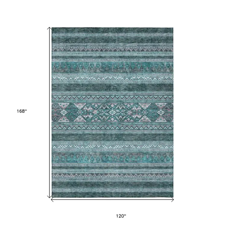 10' X 14' Teal Blue Ivory And Gray Southwestern Washable Indoor Outdoor Area Rug