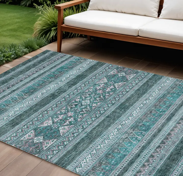 10' X 14' Teal Blue Ivory And Gray Southwestern Washable Indoor Outdoor Area Rug