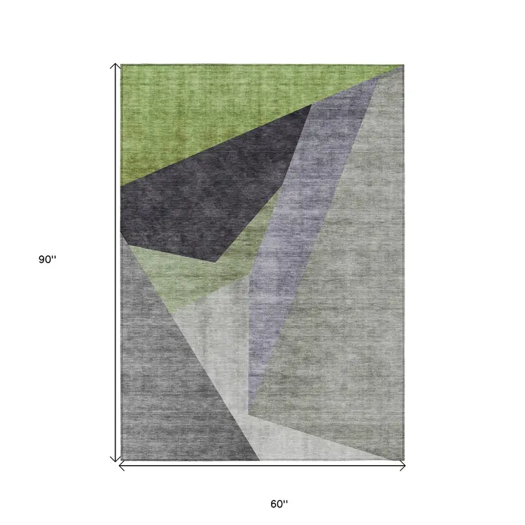 5' X 8' Sage Green And Charcoal Abstract Washable Indoor Outdoor Area Rug