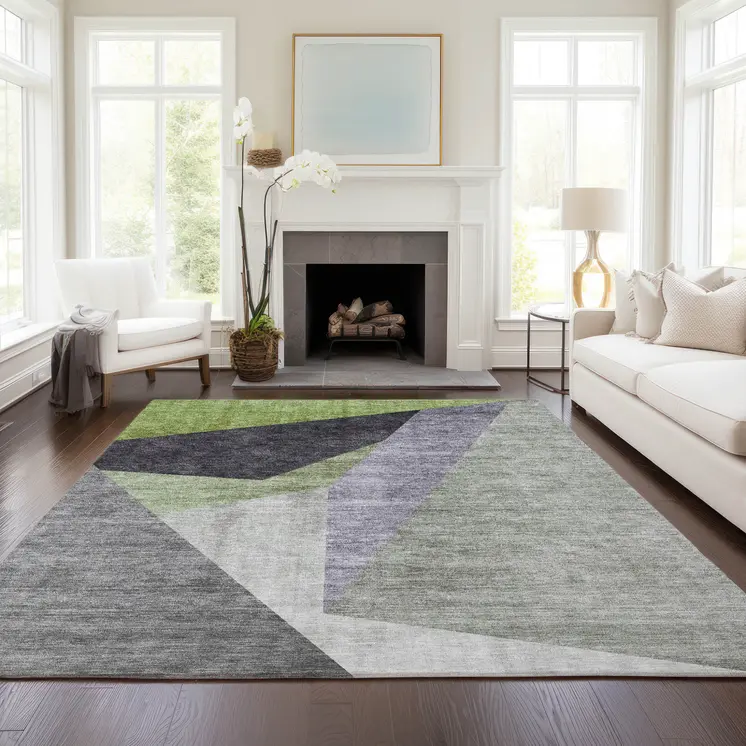 5' X 8' Sage Green And Charcoal Abstract Washable Indoor Outdoor Area Rug