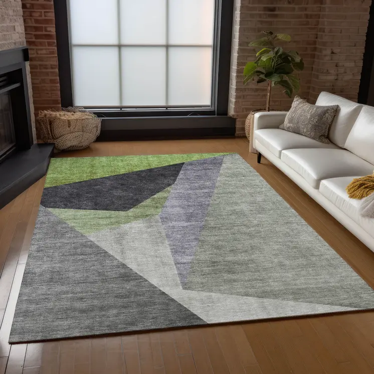 5' X 8' Sage Green And Charcoal Abstract Washable Indoor Outdoor Area Rug
