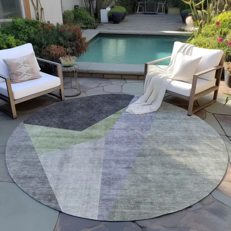 8' Sage Green And Charcoal Round Abstract Washable Indoor Outdoor Area Rug