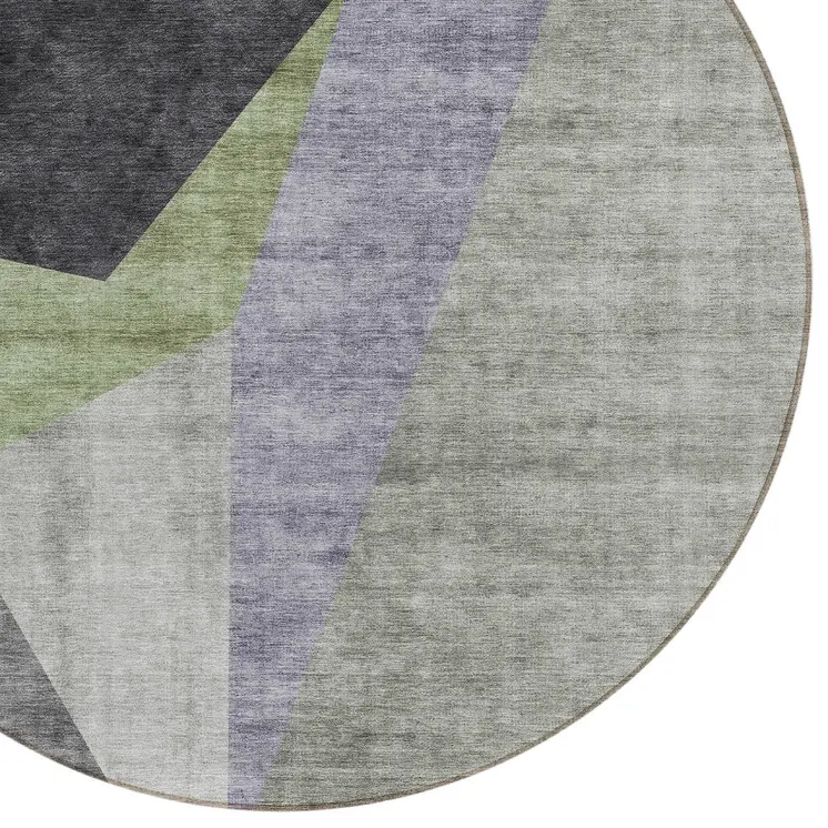 8' Sage Green And Charcoal Round Abstract Washable Indoor Outdoor Area Rug