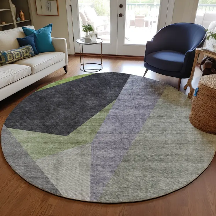 8' Sage Green And Charcoal Round Abstract Washable Indoor Outdoor Area Rug