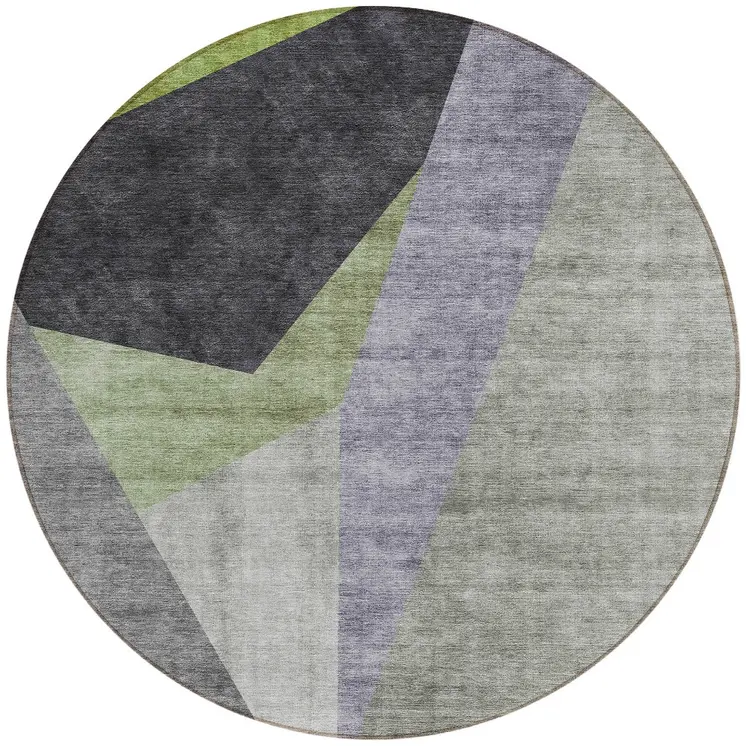 8' Sage Green And Charcoal Round Abstract Washable Indoor Outdoor Area Rug