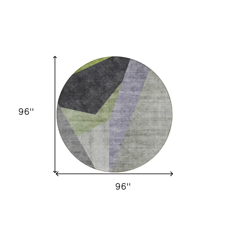 8' Sage Green And Charcoal Round Abstract Washable Indoor Outdoor Area Rug