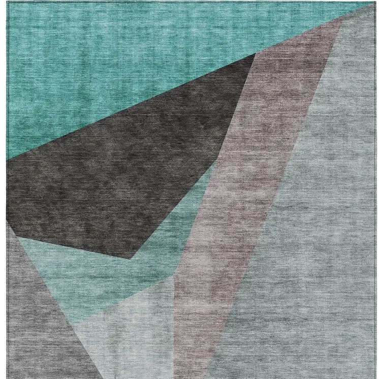3' X 5' Teal Blue Aqua And Charcoal Abstract Washable Indoor Outdoor Area Rug