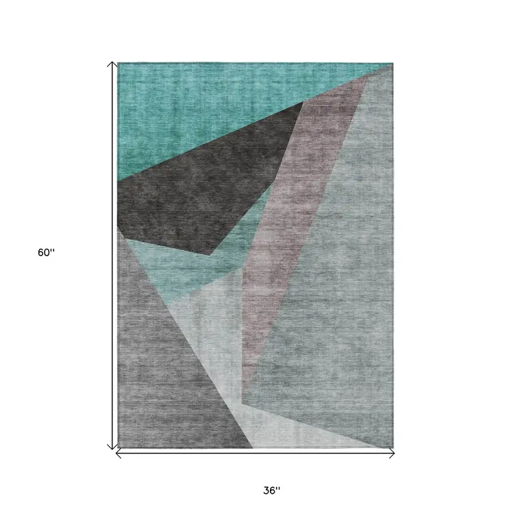 3' X 5' Teal Blue Aqua And Charcoal Abstract Washable Indoor Outdoor Area Rug