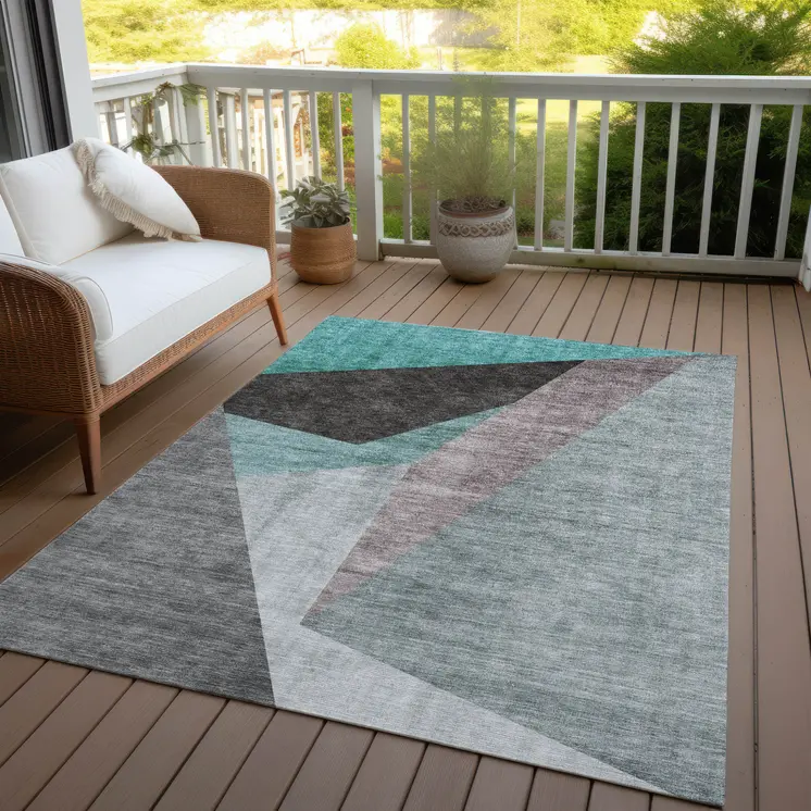 3' X 5' Teal Blue Aqua And Charcoal Abstract Washable Indoor Outdoor Area Rug