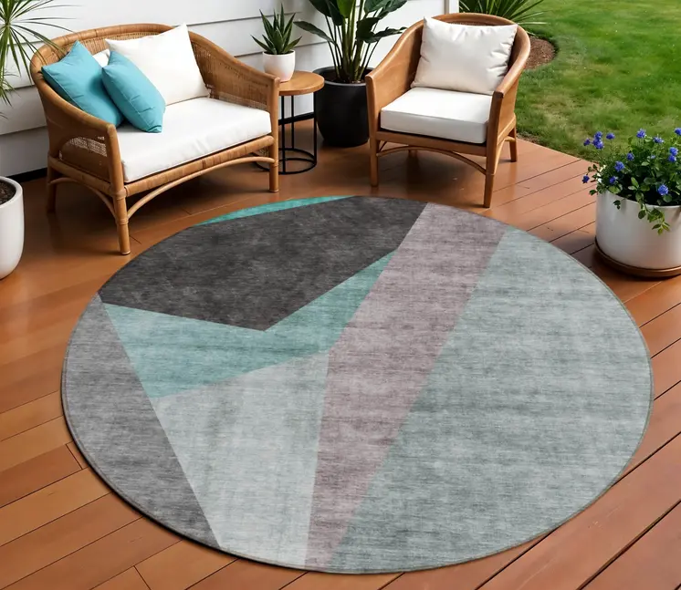 8' Teal Blue Aqua And Charcoal Round Abstract Washable Indoor Outdoor Area Rug