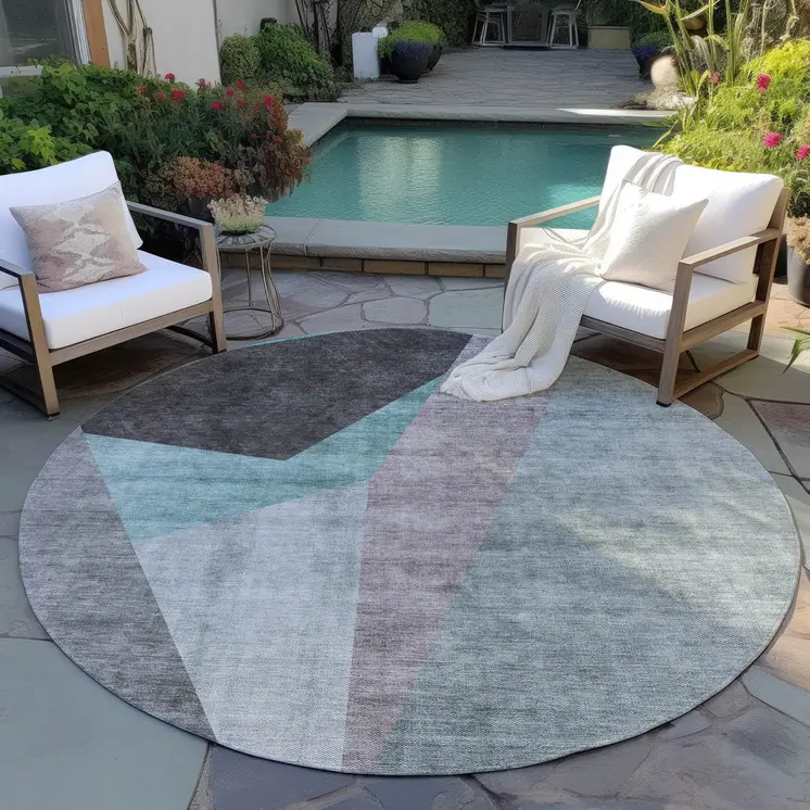 8' Teal Blue Aqua And Charcoal Round Abstract Washable Indoor Outdoor Area Rug
