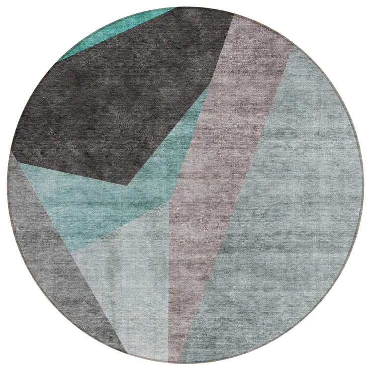 8' Teal Blue Aqua And Charcoal Round Abstract Washable Indoor Outdoor Area Rug