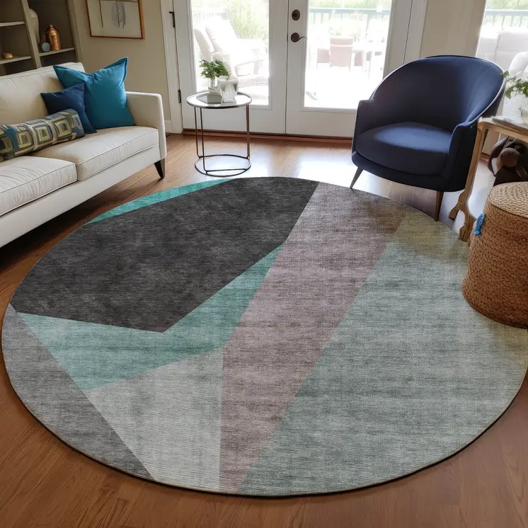 8' Teal Blue Aqua And Charcoal Round Abstract Washable Indoor Outdoor Area Rug