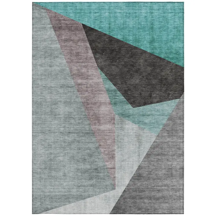 8' X 10' Teal Blue Aqua And Charcoal Abstract Washable Indoor Outdoor Area Rug