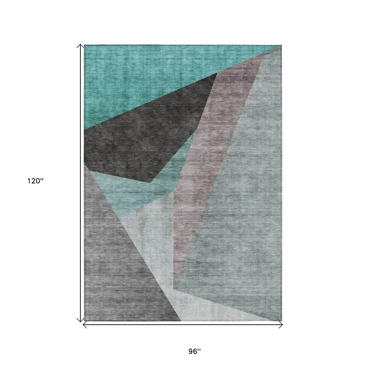 8' X 10' Teal Blue Aqua And Charcoal Abstract Washable Indoor Outdoor Area Rug