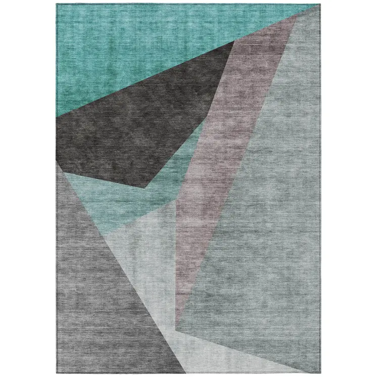 8' X 10' Teal Blue Aqua And Charcoal Abstract Washable Indoor Outdoor Area Rug