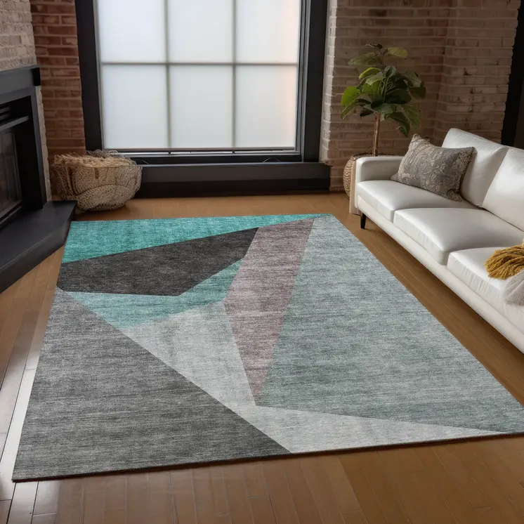 8' X 10' Teal Blue Aqua And Charcoal Abstract Washable Indoor Outdoor Area Rug