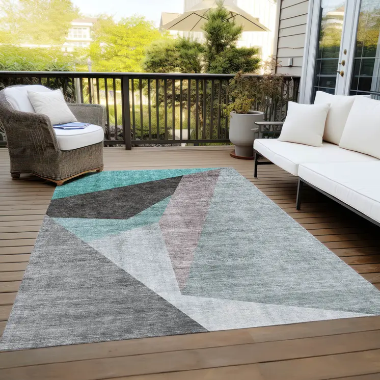 9' X 12' Teal Blue Aqua And Charcoal Abstract Washable Indoor Outdoor Area Rug