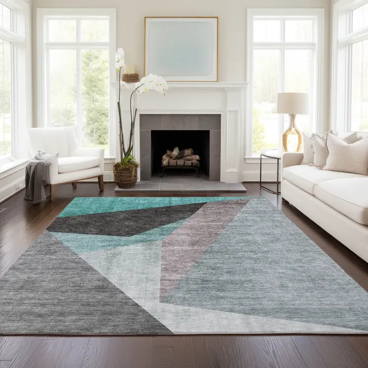 10' X 14' Teal Blue Aqua And Charcoal Abstract Washable Indoor Outdoor Area Rug
