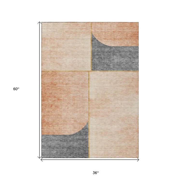 3' X 5' Coral Peach And Gray Abstract Washable Indoor Outdoor Area Rug