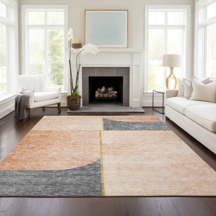 3' X 5' Coral Peach And Gray Abstract Washable Indoor Outdoor Area Rug
