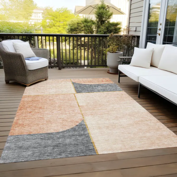 3' X 5' Coral Peach And Gray Abstract Washable Indoor Outdoor Area Rug